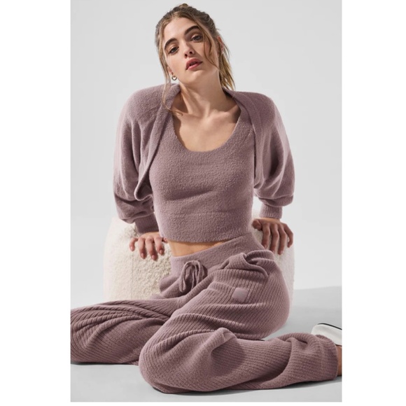 ALO YOGA Snuggle Up Sweater High-Waist Wide Leg Pant Size Medium Mushroom - Picture 5 of 11